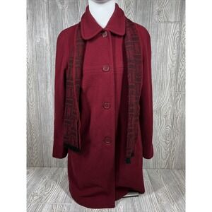 London Fog Deep Red Long Sleeve Button Up Wool Jacket with Scarf Womens SZ 12
